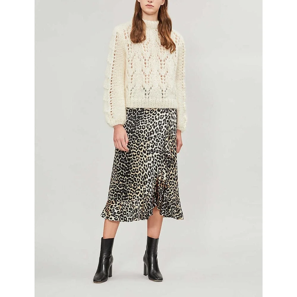 NWT GANNI‎ Leopard Print Satin Midi Skirt Size EU 40/ US 8 $295